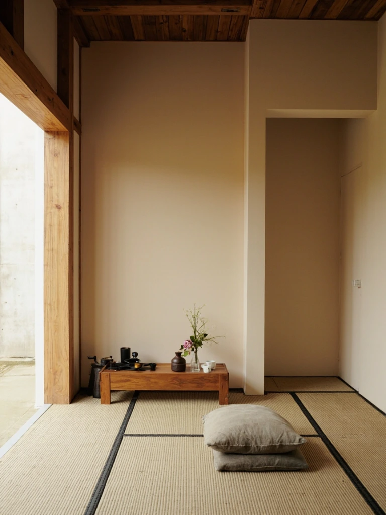 四畳半の茶室。躙り口、掛け軸、そして竹の花入れ。