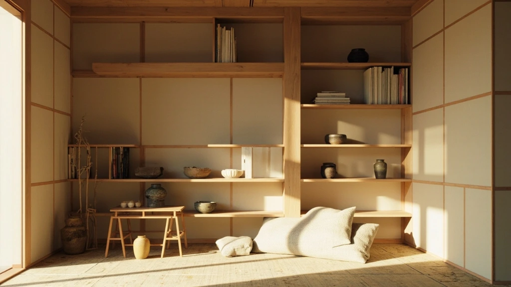 書院造りの造作棚。陶器、本、土壁の背景。